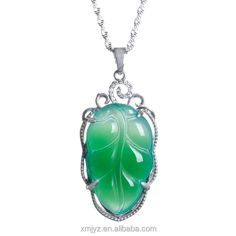 

Silver Green Chalcedony Atmosphere Vintage Leaf Pendant Ladies Ethnic Style Individuality Palace Elegant Agate Jade Pendant