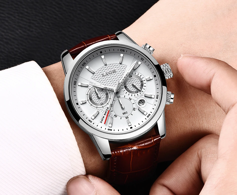 LIGE 9866 classic High Quality Watch Quartz Chronograph Leather Waterproof