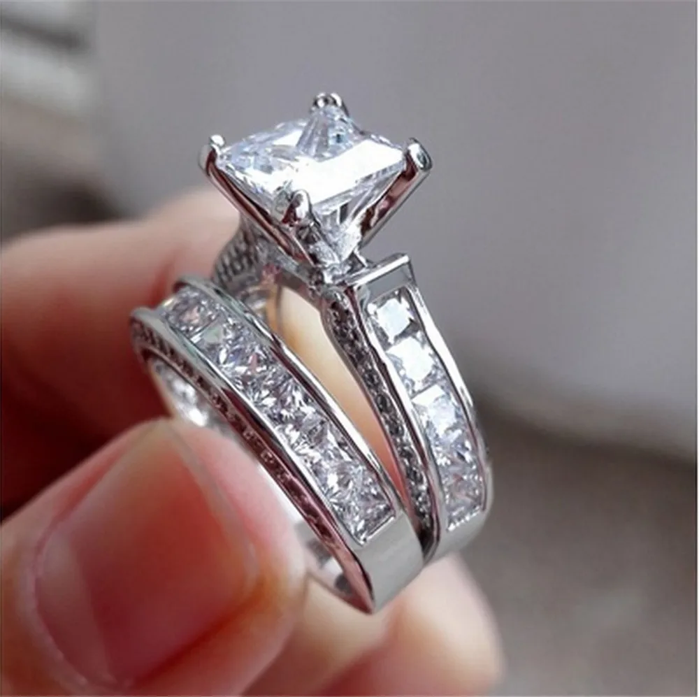 Princess Cut Bridal Set Engagement Wedding Ring Bands Set With Cubic Zirconia, Silver
Princess Cut Bridal Set Engagement Wedding Ring Bands Set With Cubic Zirconia, Silver