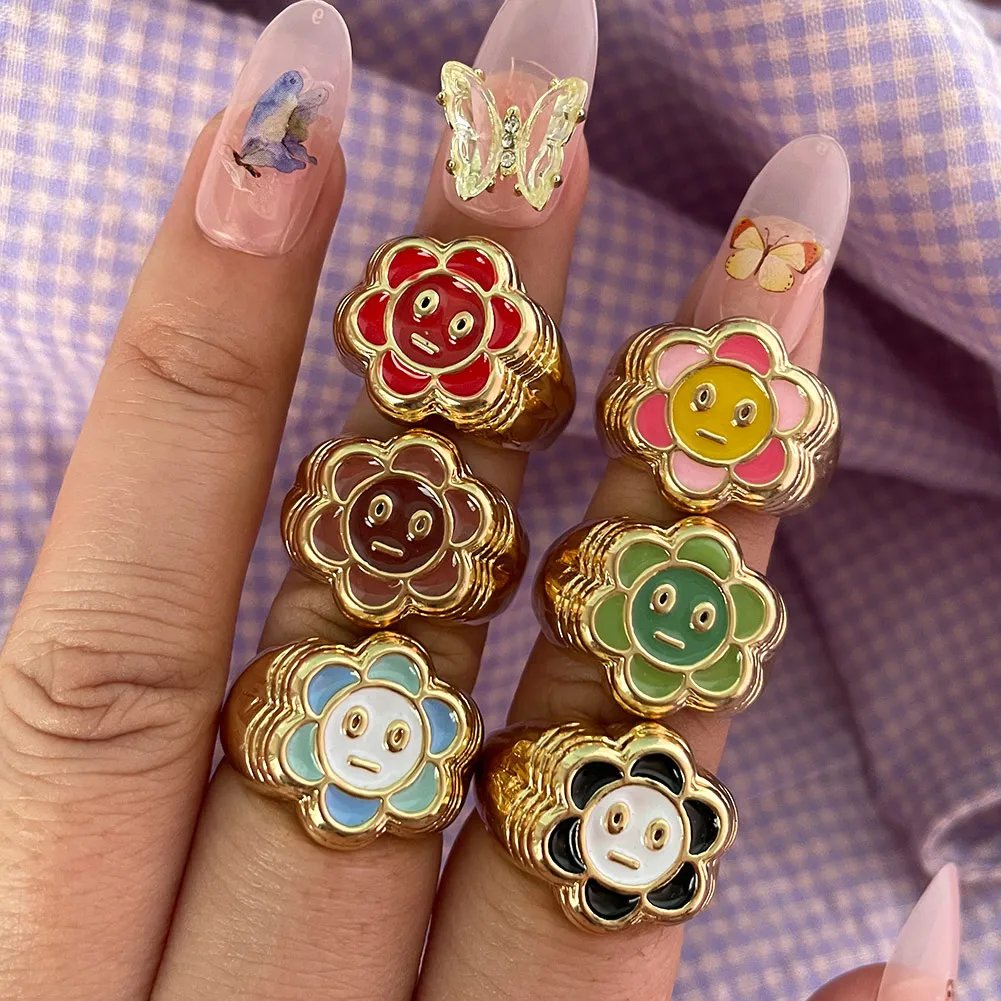 INS Korean Charms Party Jewelry Gold Plated Colorful Enamel Flower Happy Face Chunky Finger Rings Womens, Mixed color
INS Korean Charms Party Jewelry Gold Plated Colorful Enamel Flower Happy Face Chunky Finger Rings Womens, Mixed color
