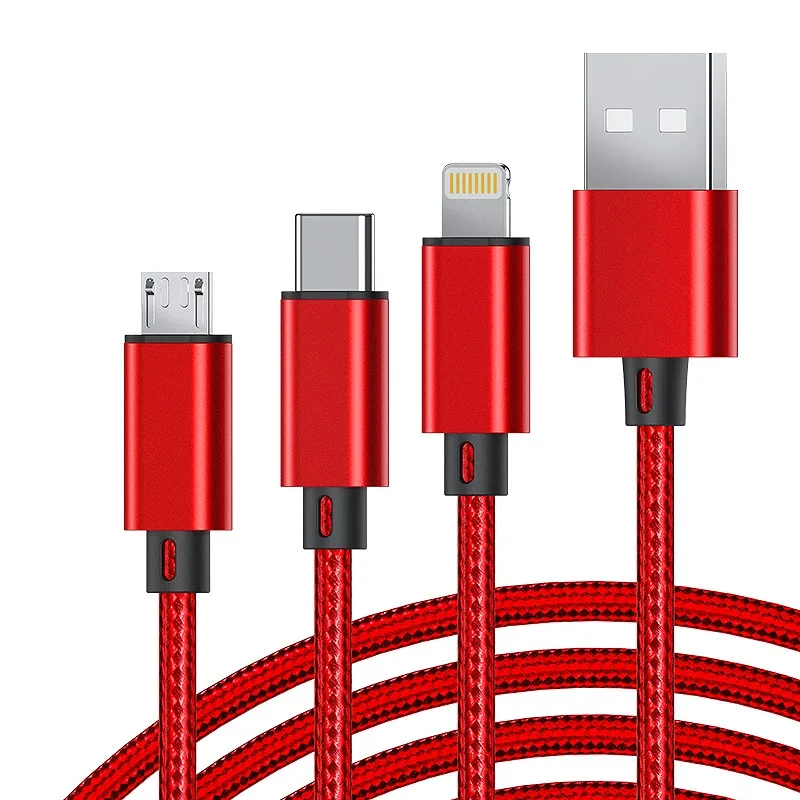 

3 In 1 Usb Charging Fast Cable Nylon Braided Mobile Cell Smart Phone Charger Flexible Cable 3A For Android Iphone Samsung, Black/red/blue