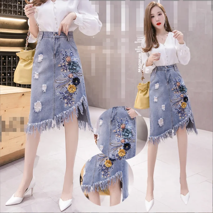 S-3XL Broken Hole Heavy Work Embroidery 3D Flower Denim Skirt Women's Tassel Irregular Skirt Mid Length
S-3XL Broken Hole Heavy Work Embroidery 3D Flower Denim Skirt Women's Tassel Irregular Skirt Mid Length