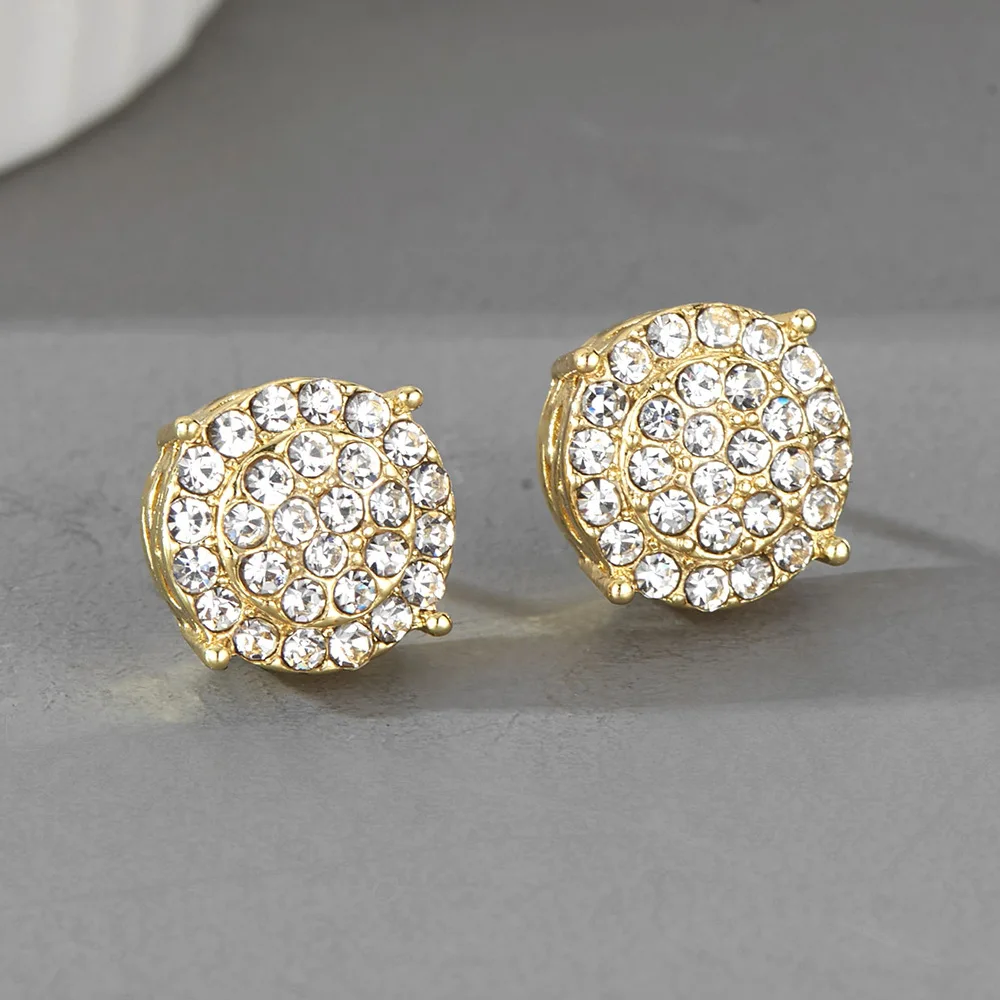 

Fashion Real Gold Plated Shining CZ Cubic Zirconia Round Shape Stud Earrings Micro Pave Crystal Diamond Earring For Women