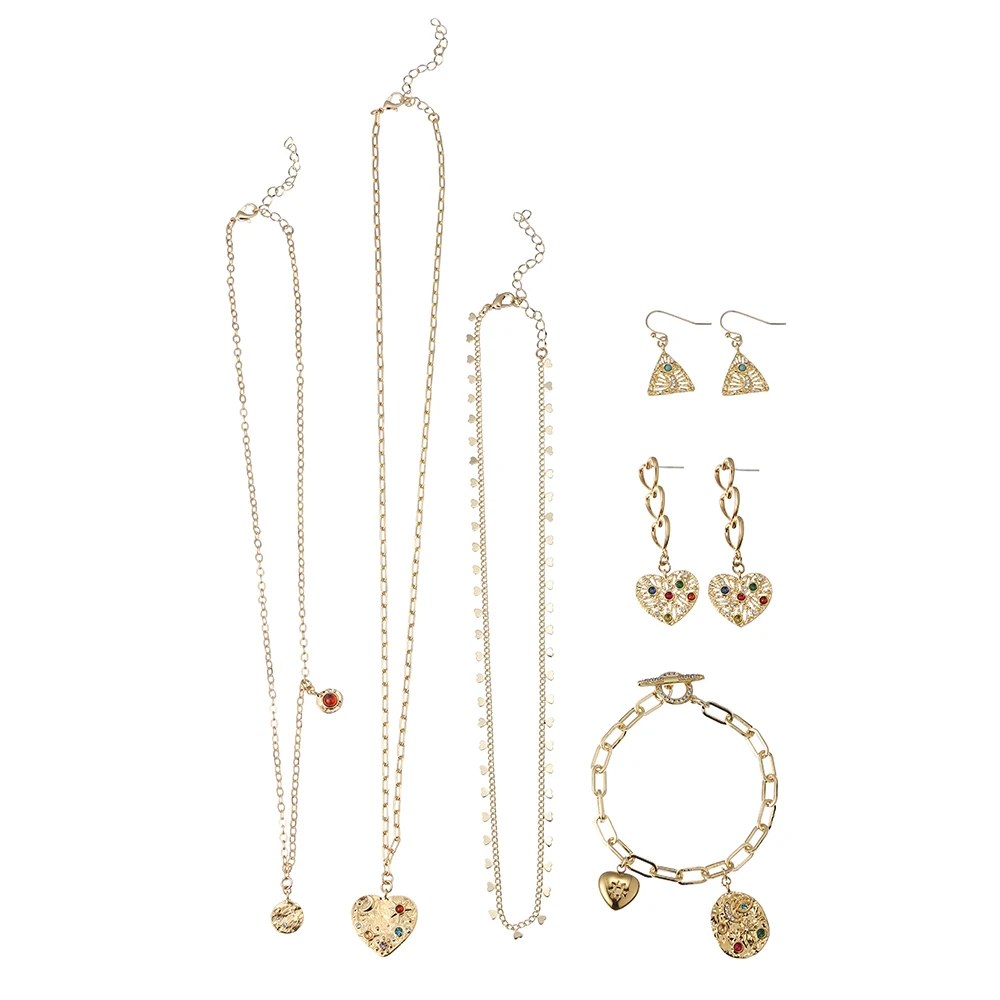 Multistyle Fashion Women Copper Heart Pendant Necklace Gold Heart Drop Earring Charm Link Chain Bracelet Sets With Colored Stone
Multistyle Fashion Women Copper Heart Pendant Necklace Gold Heart Drop Earring Charm Link Chain Bracelet Sets With Colored Stone