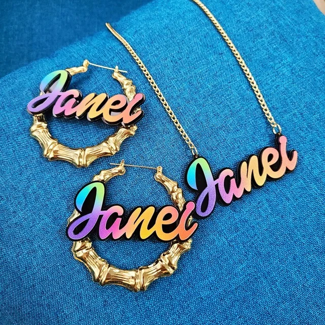 Customizable rainbow color name Earring necklace jewelry Dangle 18k gold plate Bamboo Earring, Picture
Customizable rainbow color name Earring necklace jewelry Dangle 18k gold plate Bamboo Earring, Picture