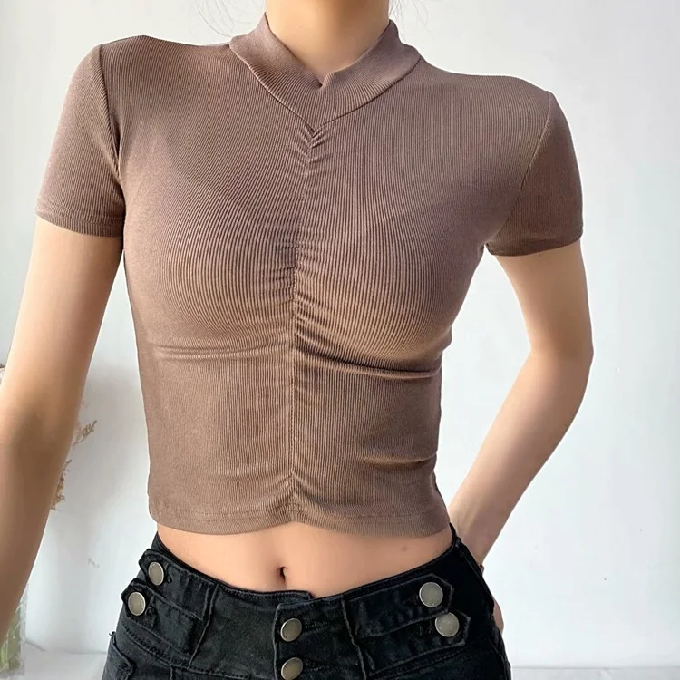 B64151A 2021 spring/summer new slim pleated short sleeve high waist crop short T-shirt, Black/white/rice/khaki/light gray/dark gray
B64151A 2021 spring/summer new slim pleated short sleeve high waist crop short T-shirt, Black/white/rice/khaki/light gray/dark gray
