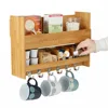 Eco-friendly Wall Mounted Bamboo Coffee Mug Rack Condiment Kitchen Storage Organizer with Hooks