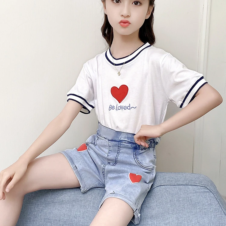 Girls' Summer Suits Older Children's Love Short-Sleeved Shirt plus Short Pantskirt Fresh Casual Children Two-Piece Set, White
Girls' Summer Suits Older Children's Love Short-Sleeved Shirt plus Short Pantskirt Fresh Casual Children Two-Piece Set, White