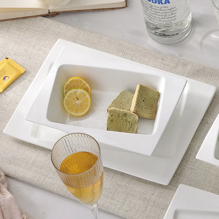 guangzhou factory wholesale elegant catering plates set hotel Ceramic bone china restaurant square dinnerware