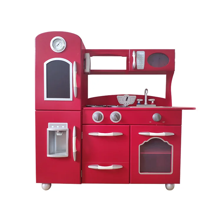 red wooden play kitchen