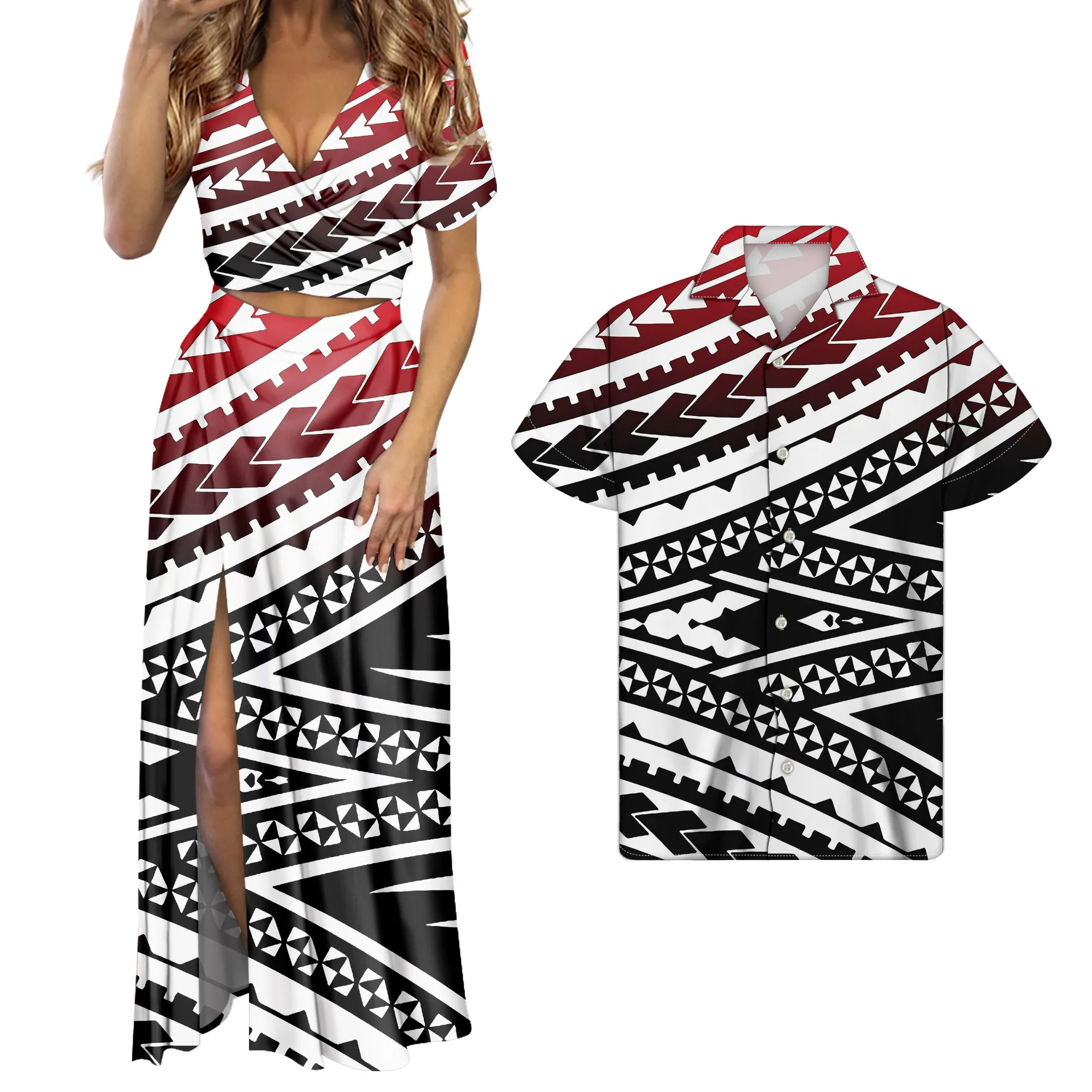 Wholesale Polynesian Gradient Red Black White Tribal Print Women V-neck High Waist Split Maxi Dresses 2 Piece Set Match Shirts, Customized color
Wholesale Polynesian Gradient Red Black White Tribal Print Women V-neck High Waist Split Maxi Dresses 2 Piece Set Match Shirts, Customized color
