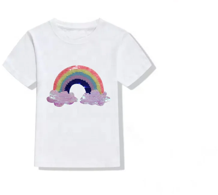 Wholesale Girls T-shirt Cute Rainbow Sequin Patch Lollipop 100% White Cotton T-shirt
Wholesale Girls T-shirt Cute Rainbow Sequin Patch Lollipop 100% White Cotton T-shirt