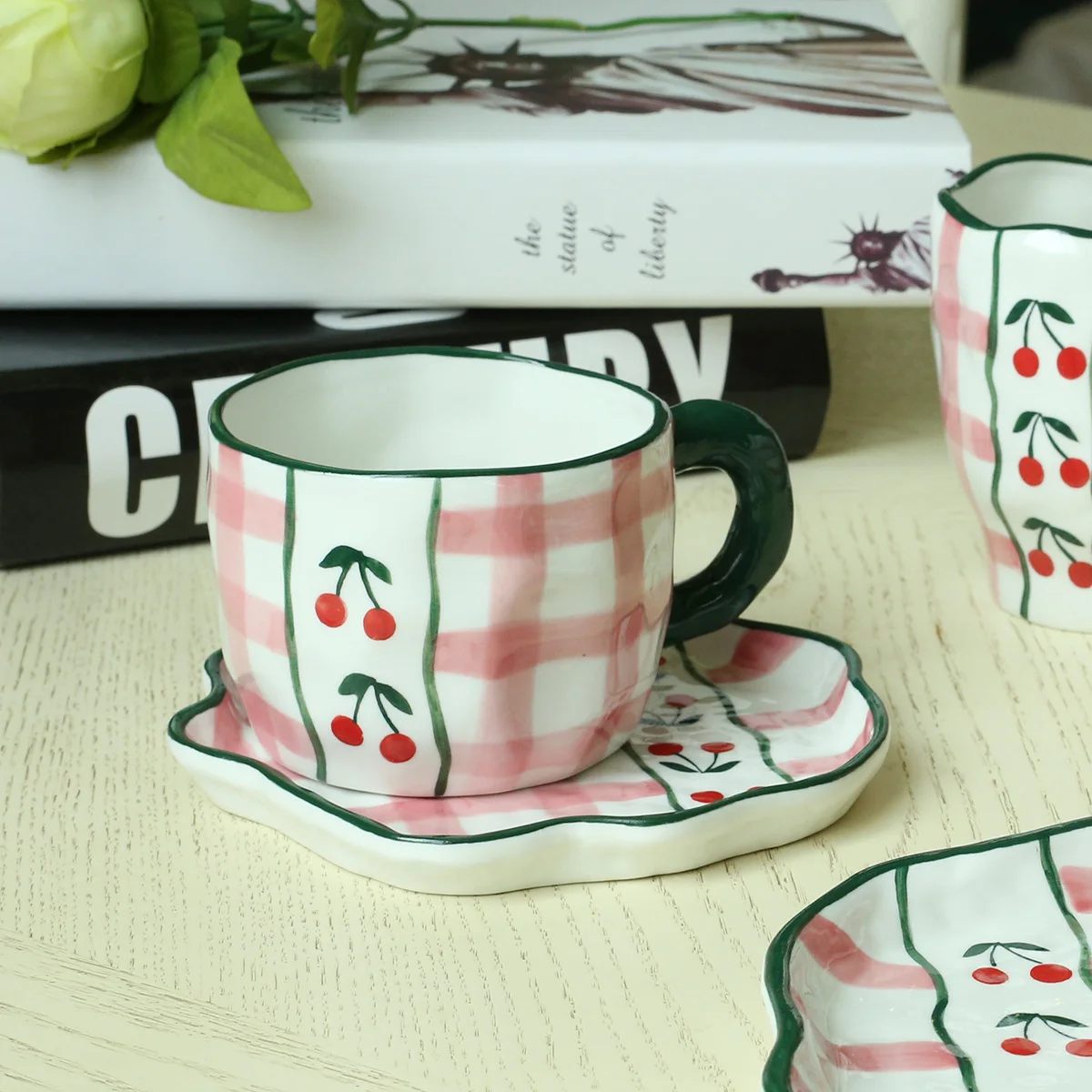 

325 ML Color Glaze Porcelain Ceramic Coffee Tea Cup Gift Set With Irregular Saucer Dish, Pink