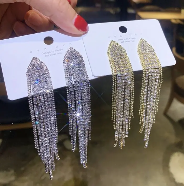 

S925 silver post exaggerated diamond geometric tassel earrings long diamond personality earrings women