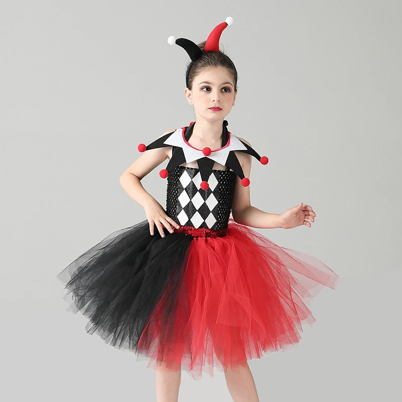 

Custom Cosplay Carnival Dress Kids Harlequin Clown Costume Girls Party Quinn Halloween Fancy Dress, Red black