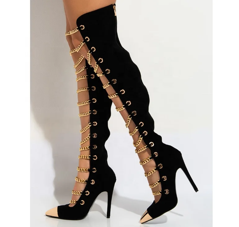Wholesale Suede Upper Over Knee Female High Boots Metal Chain decorate Zipper Metal Pointed Toe summer long boots, Black
Wholesale Suede Upper Over Knee Female High Boots Metal Chain decorate Zipper Metal Pointed Toe summer long boots, Black