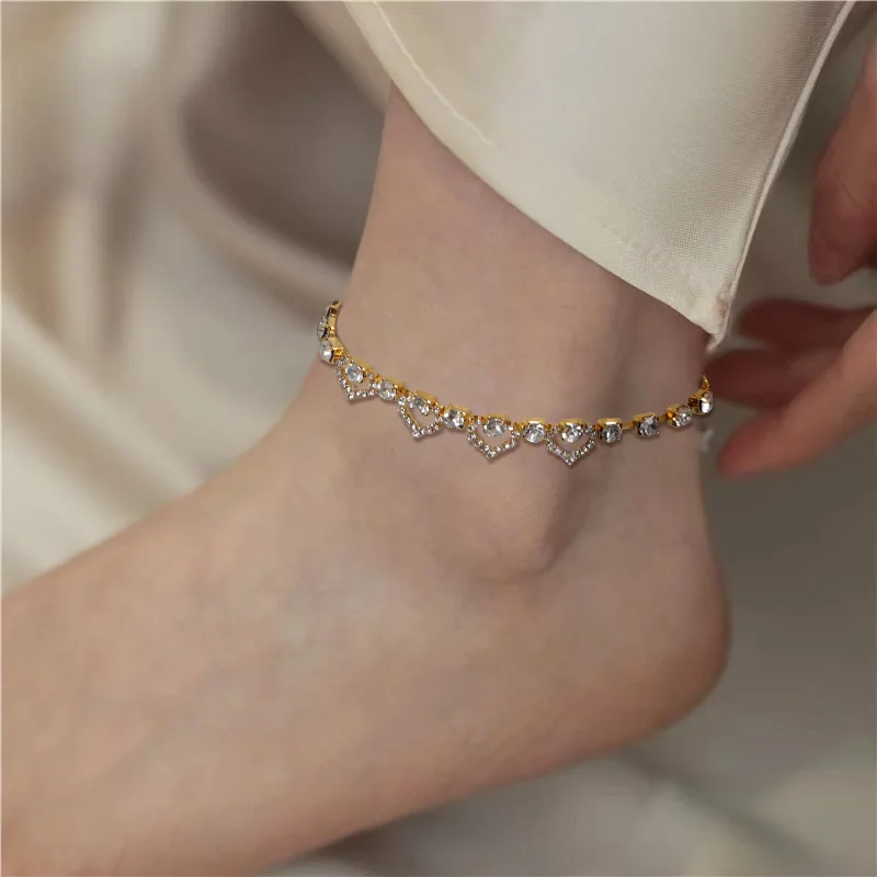 

New Dainty Full Rhinestone Crystal Anklet Bracelet Foot Chain Jewelry Bling Rhinestone Heart Anklets For Women