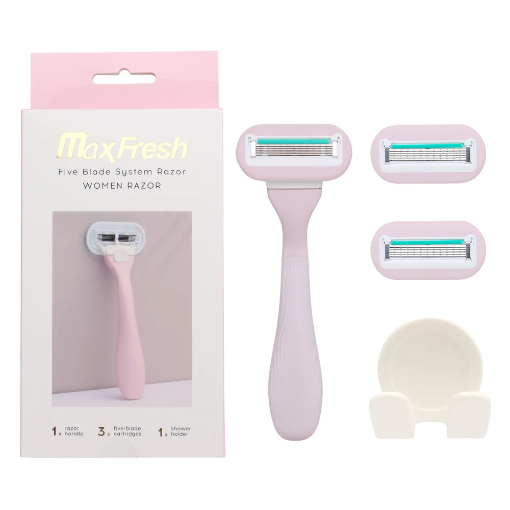 Women Razor Five Blade Plastic Handle Plus Three Replaceable Razor Cartridges and One Holder Gift Box Package
Women Razor Five Blade Plastic Handle Plus Three Replaceable Razor Cartridges and One Holder Gift Box Package