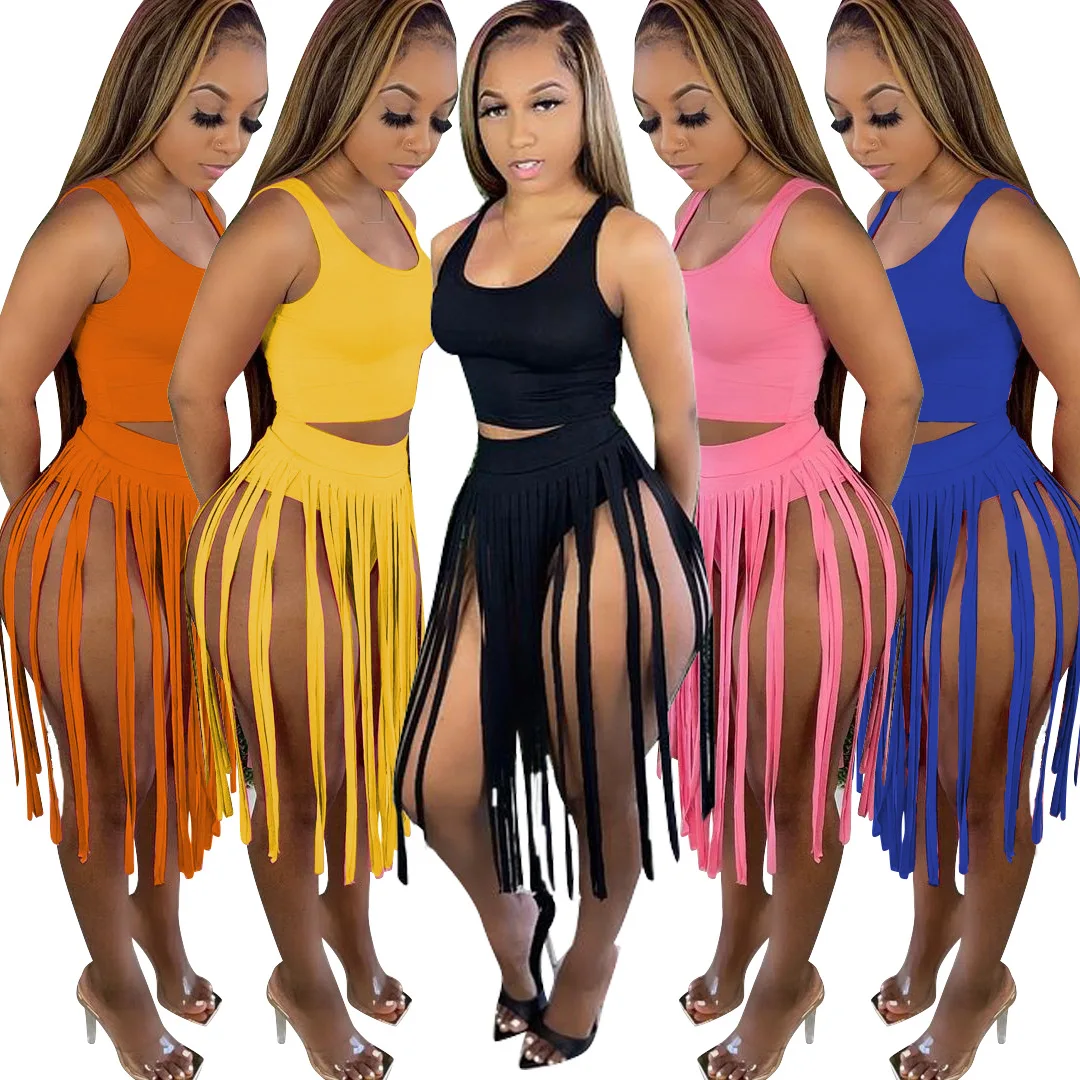 2021 Hot Sale Summer Suits womens short Vest Top solid breathable two piece short set dresses long tassels women two piece sets
2021 Hot Sale Summer Suits womens short Vest Top solid breathable two piece short set dresses long tassels women two piece sets