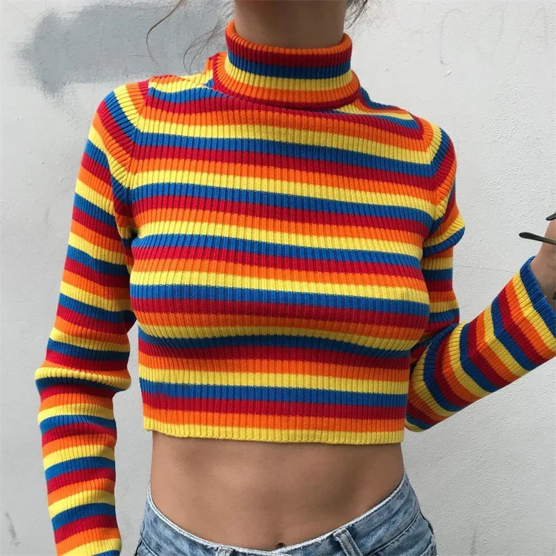 Wholesale High Neck Long Sleeve Contrast Pullover Womens Cropped Designer Rainbow Sweater, Color customized
Wholesale High Neck Long Sleeve Contrast Pullover Womens Cropped Designer Rainbow Sweater, Color customized