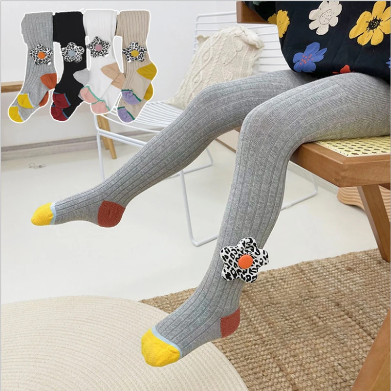 

3D Star Color Patchwork Combed Cotton Autumn Winter Warm Fleece Pantyhose Tights Baby Kids Girls, Black white khaki 4 colors