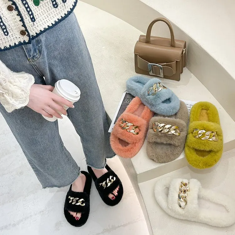 Plush slippers matte gold chain fluffy flip flops luxury artificial fur slippers flat shoes women's fashion shoes
Plush slippers matte gold chain fluffy flip flops luxury artificial fur slippers flat shoes women's fashion shoes