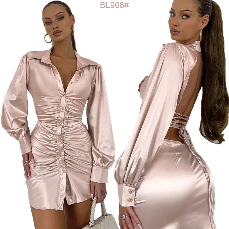 European and American women's wear 2021 new pure color lantern sleeve lapel button-down fashion sexy backless shirt dress
European and American women's wear 2021 new pure color lantern sleeve lapel button-down fashion sexy backless shirt dress