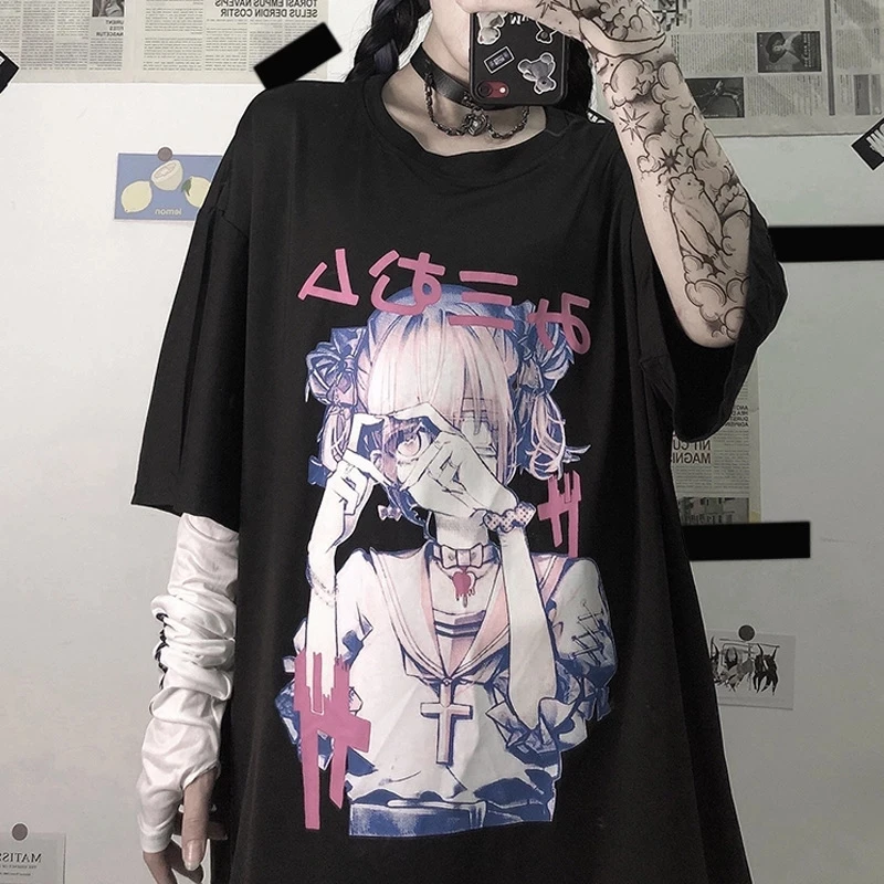 Gothic T-Shirt Women 2021 Oversized Harajuku Vintage Top Female Summer Clothes Aesthetic Anime Print Tee Shirt Oversized, Black
Gothic T-Shirt Women 2021 Oversized Harajuku Vintage Top Female Summer Clothes Aesthetic Anime Print Tee Shirt Oversized, Black