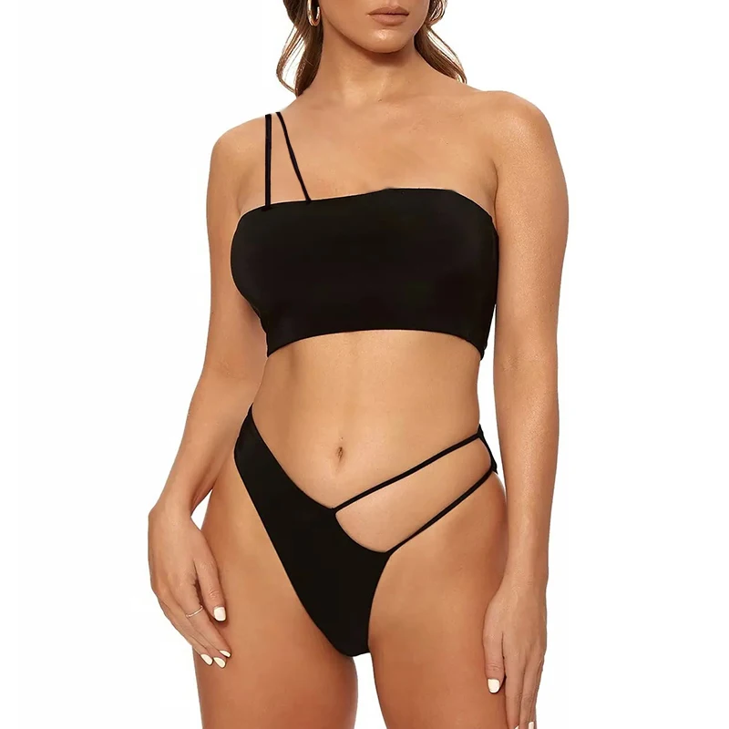 One-shoulder Thong Bikini Bikini High Cut Black Female Swimsuit
One-shoulder Thong Bikini Bikini High Cut Black Female Swimsuit