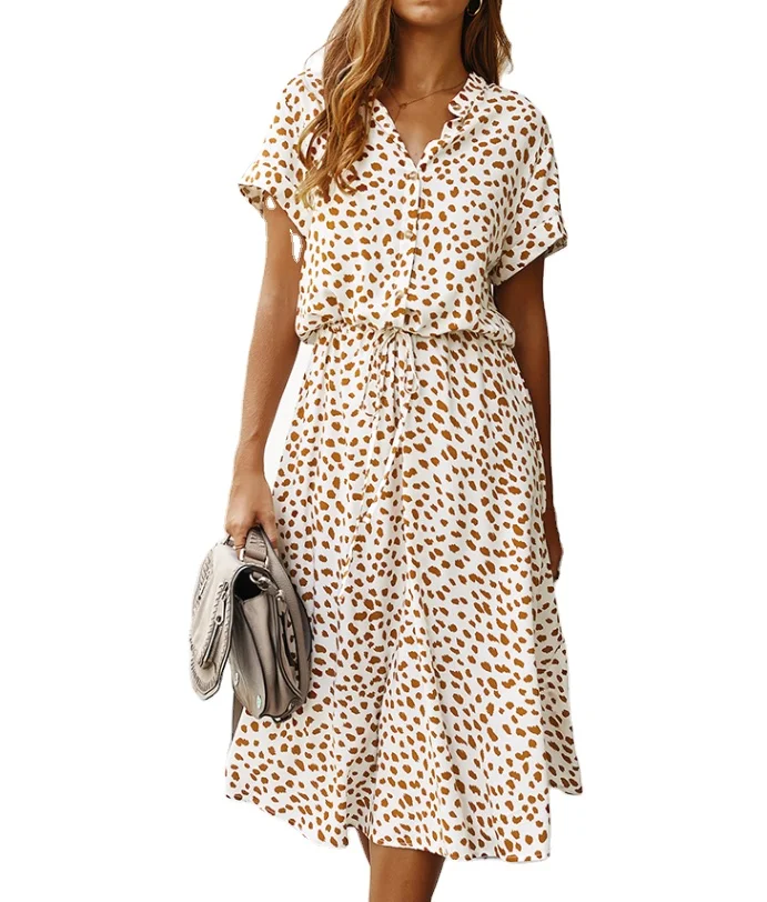 Summer Holiday Beach Dress Women Short Sleeve V-neck Button Front Casual Dress With Waist Rope Up Speckled printed Loose Dress
Summer Holiday Beach Dress Women Short Sleeve V-neck Button Front Casual Dress With Waist Rope Up Speckled printed Loose Dress