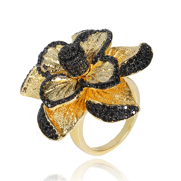 Custom 18k gold plated ring Black Flower shaped fashion CZ rings for women 
Custom 18k gold plated ring Black Flower shaped fashion CZ rings for women
