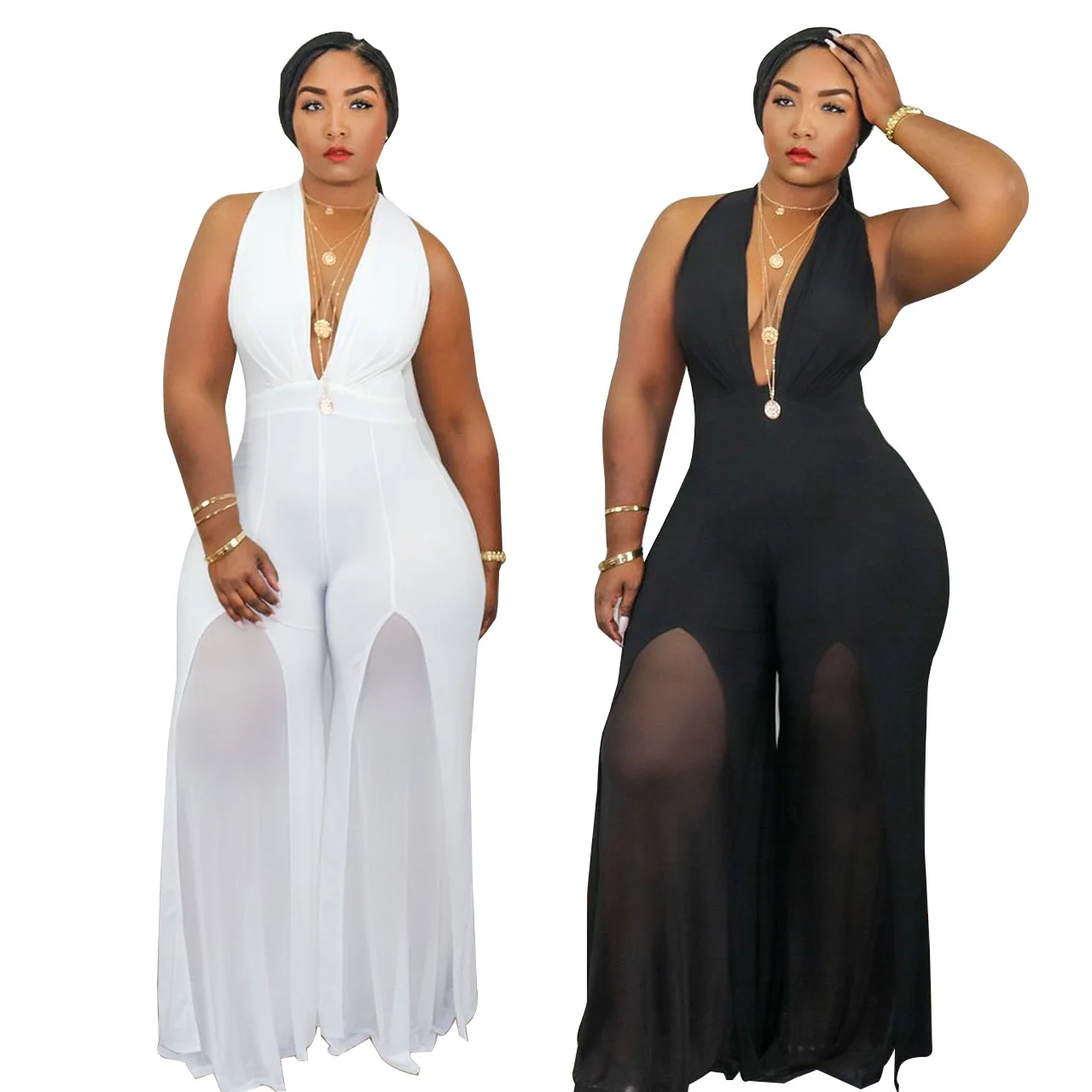 

K2143 Summer Sexy V-Neck Halter Stitching Chiffon One Piece Wide Leg Pants Rompers Women Casual Plus Size Jumpsuit 2021