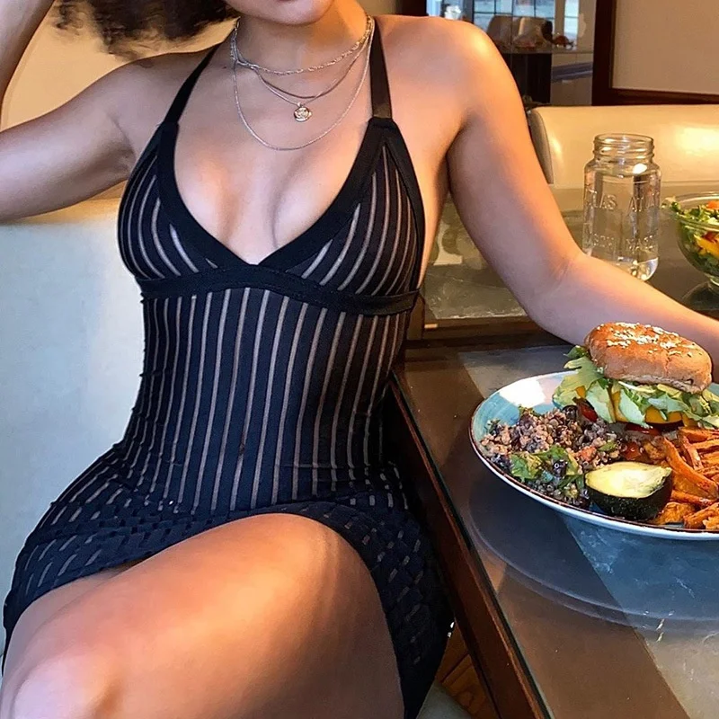 B15052A A0181 Fashion Female Black V-Neck Mesh adjustable Sling Dress Backless Stripe summer dresses women, Shown
B15052A A0181 Fashion Female Black V-Neck Mesh adjustable Sling Dress Backless Stripe summer dresses women, Shown