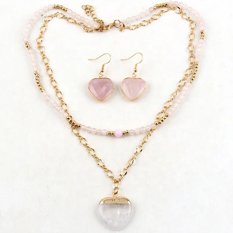 Fashion Delicate 2 Layer Golden Link Chain Pink Quartz Necklace Heart Pendant Necklace Earring Set
Fashion Delicate 2 Layer Golden Link Chain Pink Quartz Necklace Heart Pendant Necklace Earring Set