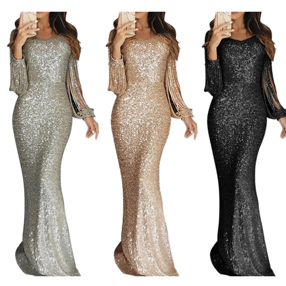

2019 Women Ladies Apricot Fringe Long Sleeve Party Maxi Sequin Evening Dress