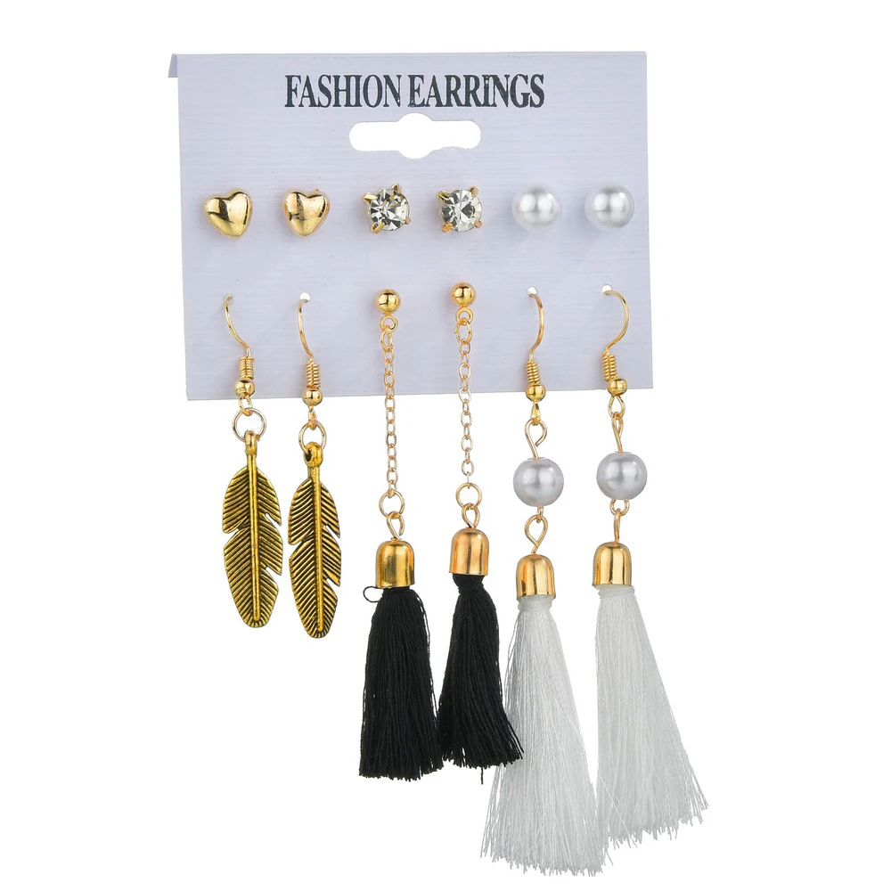 Fashion 6 Pair Gold Plated Small Heart Crystal Pearl Stud Girls Long Leaf Black White Pendant Earring Jewelry Set For Women, Color plated as shown
Fashion 6 Pair Gold Plated Small Heart Crystal Pearl Stud Girls Long Leaf Black White Pendant Earring Jewelry Set For Women, Color plated as shown