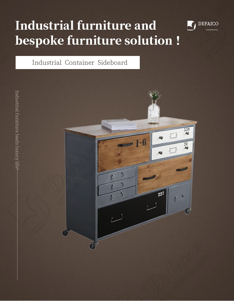 Retro Iron Frame Industrial Cabinet With Casters Wood Drawer Door Shipping Container Style Customized
