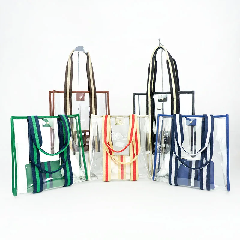 Customized clear tote pvc Diving Material plastic Beach transparent tote bag with makeup bags
Customized clear tote pvc Diving Material plastic Beach transparent tote bag with makeup bags