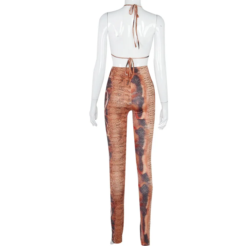 Casual Fashion Snake Printing Trousers Women Two Piece Set Pants Bikini Top 2020