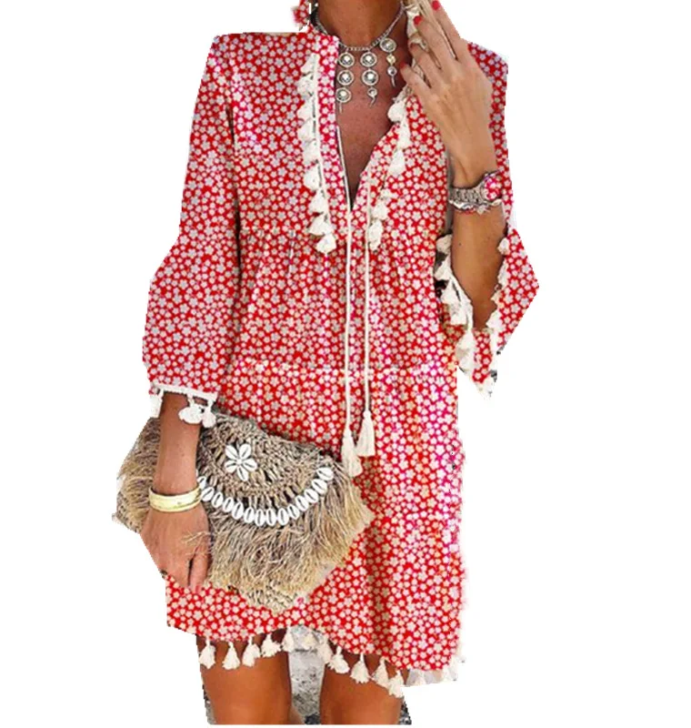 Fashion European and American style v-neck bohemian style fringed dress ethnic style skirt women
Fashion European and American style v-neck bohemian style fringed dress ethnic style skirt women