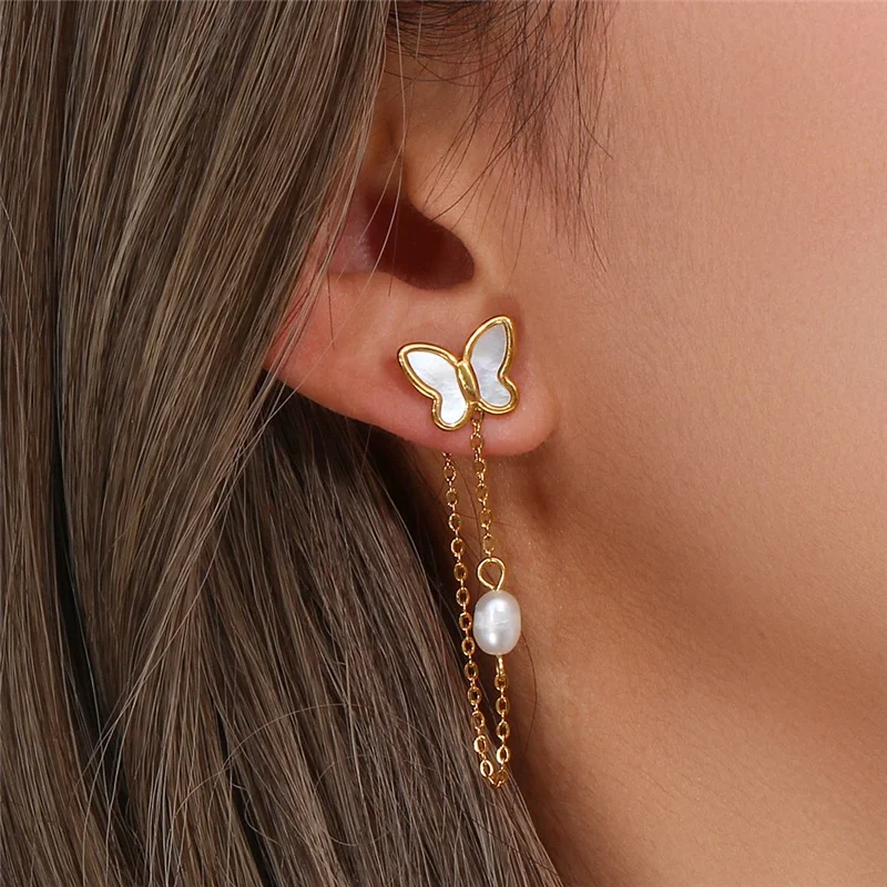 Tarnish Free White Acrylic Butterfly Freshwater Pearl Stud Stainless Steel Gold Plated Link Chain Dangle Earring Female Jewelry
Tarnish Free White Acrylic Butterfly Freshwater Pearl Stud Stainless Steel Gold Plated Link Chain Dangle Earring Female Jewelry
