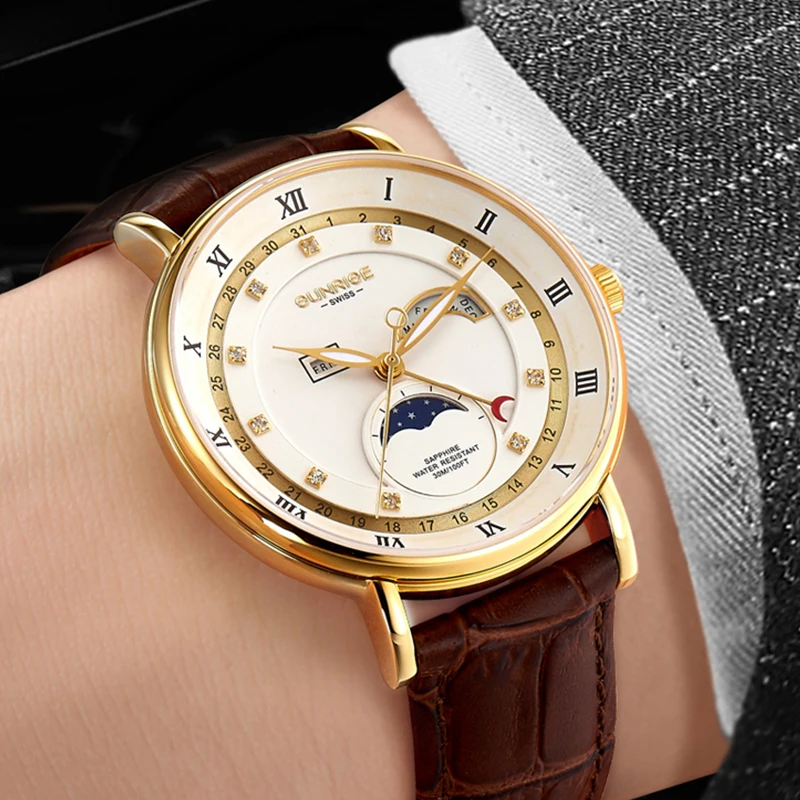 SUNRISE High Grade Luxury Watch Brands Elegant Moonphase Watch Genuine Leather Day-night Men Watch
SUNRISE High Grade Luxury Watch Brands Elegant Moonphase Watch Genuine Leather Day-night Men Watch