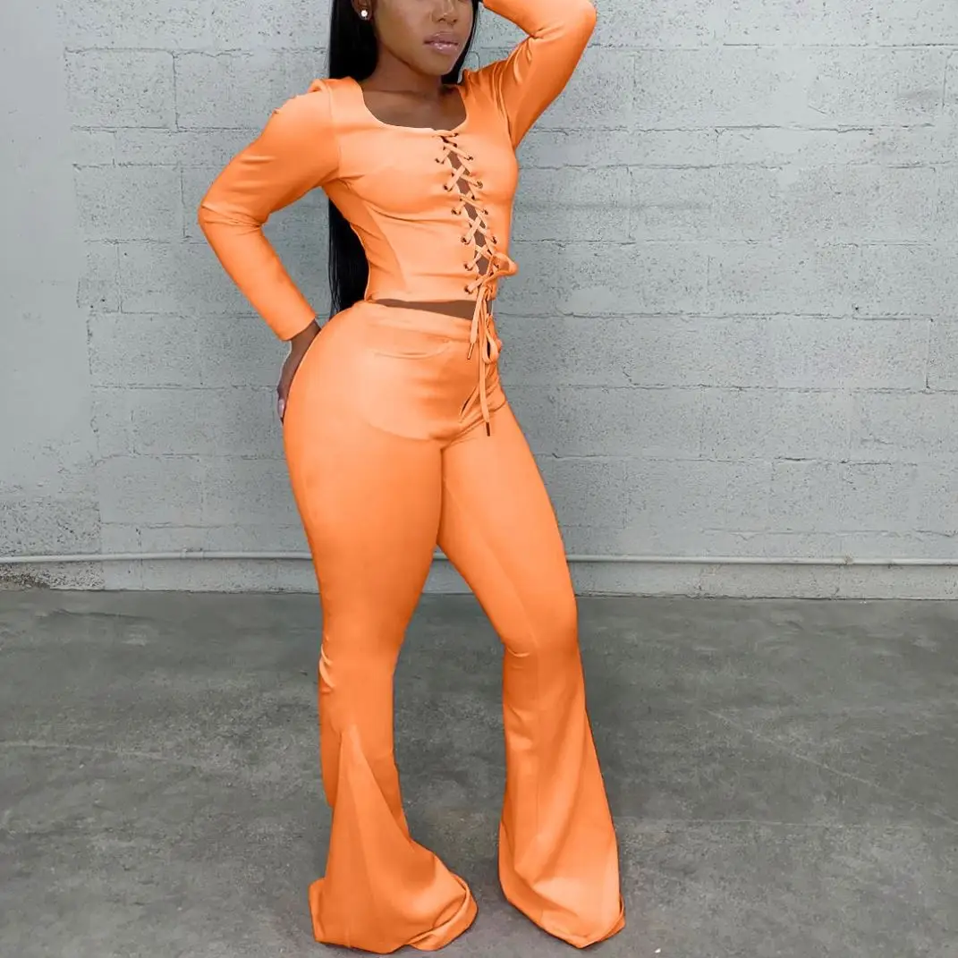X01061M Casual women's two pieces set Lace-up long-sleeved tops and Flared trousers outfit Plus size solid color suit
X01061M Casual women's two pieces set Lace-up long-sleeved tops and Flared trousers outfit Plus size solid color suit