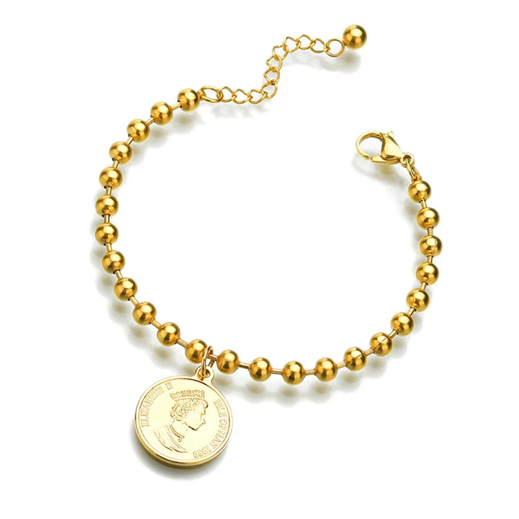 Fashion Retro 18K Gold Plated Round Elizabeth Queen Head Gold Coin Bracelets Titanium Bead Chain Gold Coin Bracelet, As picture
Fashion Retro 18K Gold Plated Round Elizabeth Queen Head Gold Coin Bracelets Titanium Bead Chain Gold Coin Bracelet, As picture