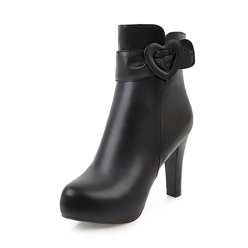 New Arrival Sweet Heart Shape Buckle Zip Round Toe Super High Heel Platform Boots Ladies Ankle Boots, Black
New Arrival Sweet Heart Shape Buckle Zip Round Toe Super High Heel Platform Boots Ladies Ankle Boots, Black