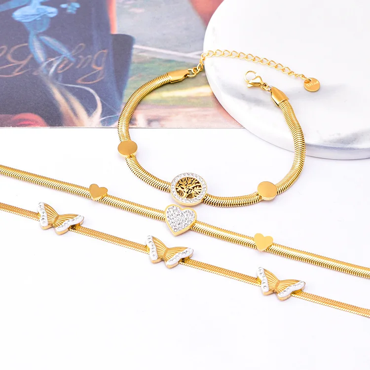 New Design 18K Gold Plated Tree Of Life Bracelet Stainless Steel Herringbone Chain Rhinestone Heart Bracelets For Women
New Design 18K Gold Plated Tree Of Life Bracelet Stainless Steel Herringbone Chain Rhinestone Heart Bracelets For Women