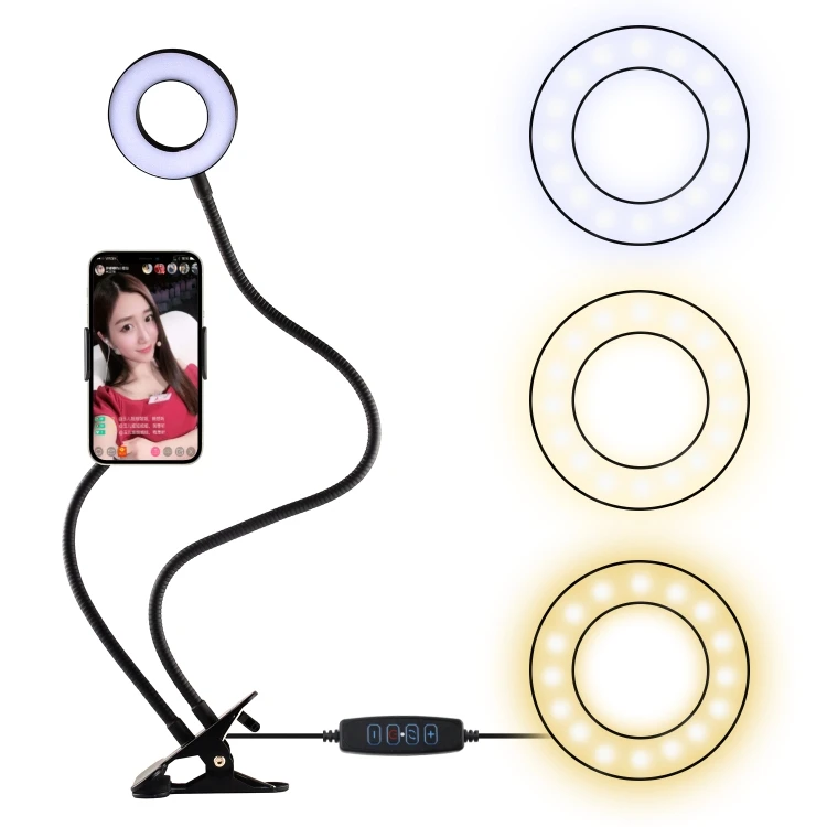 Gifts 3.5 inch Live Stream and Makeup Usage Adjustable 3 Light Mode LED Selfie Ring Light with Cell Phone Holder Clamp
Gifts 3.5 inch Live Stream and Makeup Usage Adjustable 3 Light Mode LED Selfie Ring Light with Cell Phone Holder Clamp