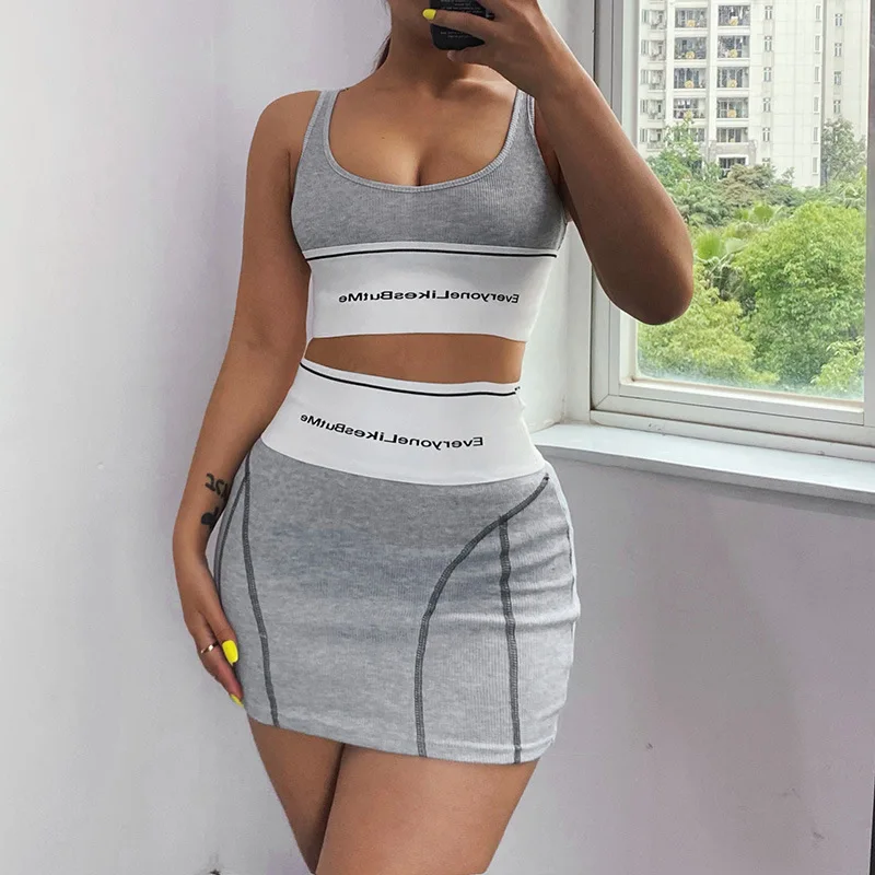 polyester spandex letter ribbed round neck sleeveless crop top elastic mini dress casual 2 piece sets sport wear for women, Customized color
polyester spandex letter ribbed round neck sleeveless crop top elastic mini dress casual 2 piece sets sport wear for women, Customized color