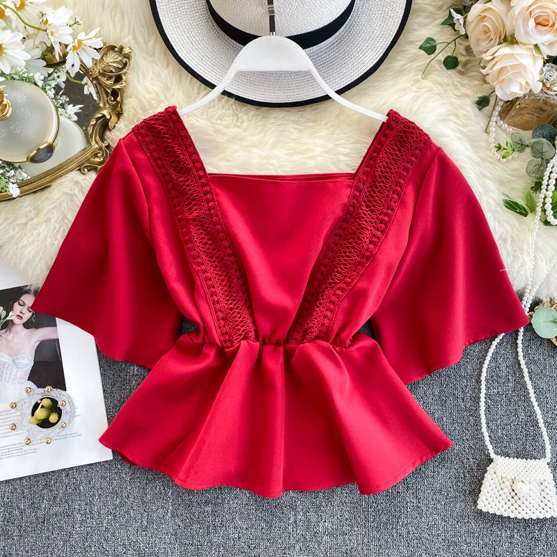 Women vintage style square neck puff sleeve loose blouse tops 
Women vintage style square neck puff sleeve loose blouse tops