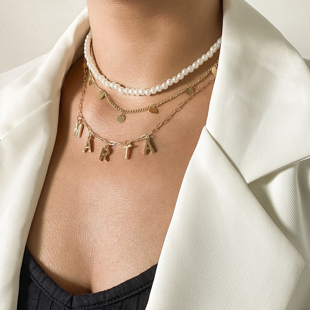Christmas Hot Sale Metal Geometric Chain Letter Pendant Artificial Pearl Necklace Mix and Match Necklace Set
Christmas Hot Sale Metal Geometric Chain Letter Pendant Artificial Pearl Necklace Mix and Match Necklace Set